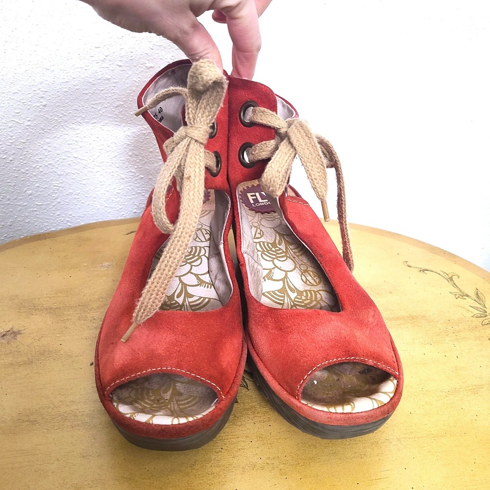 Fly London Yaffa EU 40 US 9 to 9.5 Red Suede Lace Up Wedge Platform Sandals - Picture 3 of 9